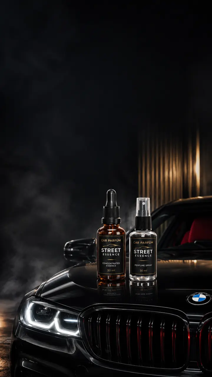 Frasco ámbar de 50 ml y atomizador de 30 ml Street Essence sobre el capó de un carro negro